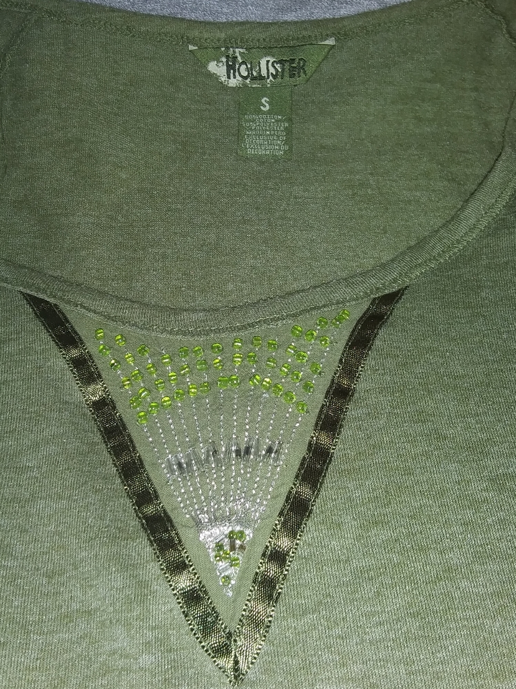 Green Beaded Hollister Long Sleeve T-Shirt Size Sm